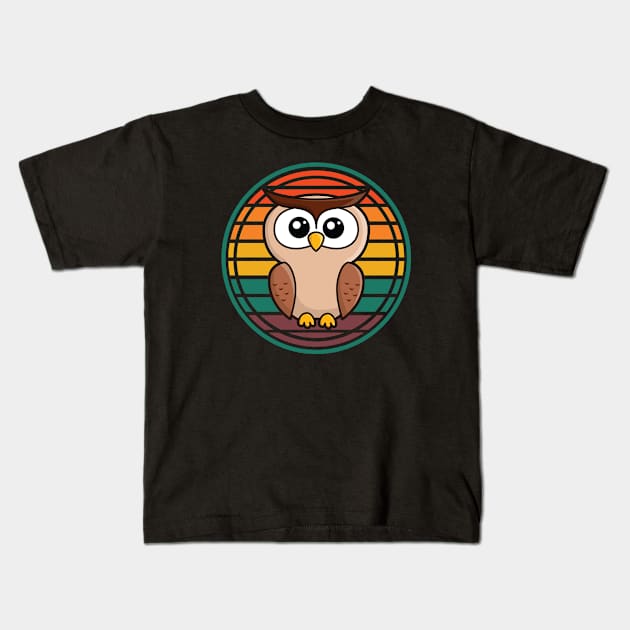 Wise Old Owl w/ Big Eyes Colorful Retro Sunset in Background Kids T-Shirt by CoffeeandTeas